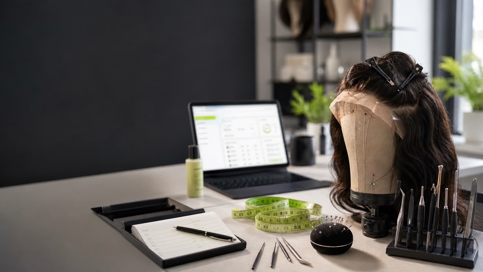 A professional wig repair studio desk with a lace-front wig, repair tools, and a laptop workspace.
